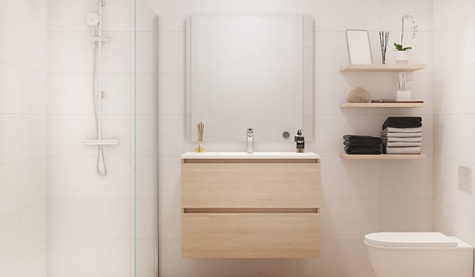 Baño con ducha, con muebles elevados de líneas modernas.