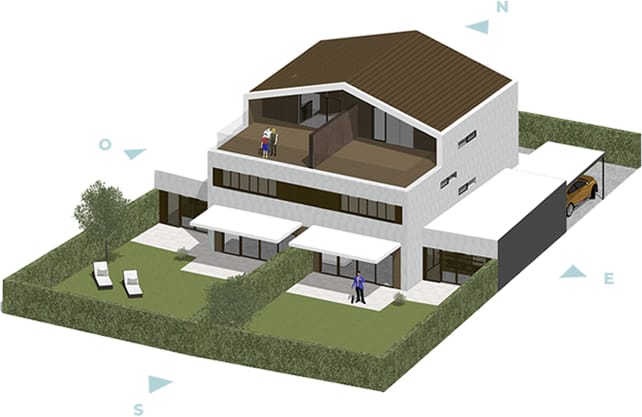 Diseño por ordenador de la vivienda, en perspectiva isométrica, desde la parte trasera de la vivienda. Muestra el jardín, la terraza y la fachada posterior, con numerosos ventanales.