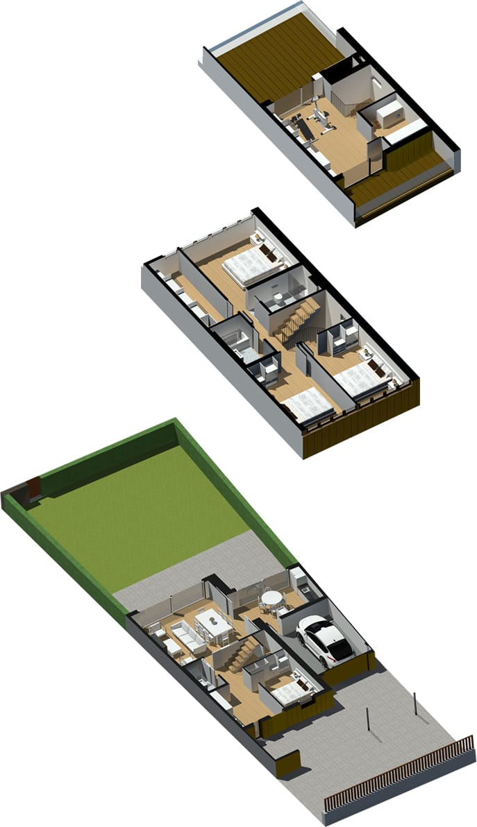 Vista de las distintas plantas de la vivienda con las diferentes estancias y zonas útiles.